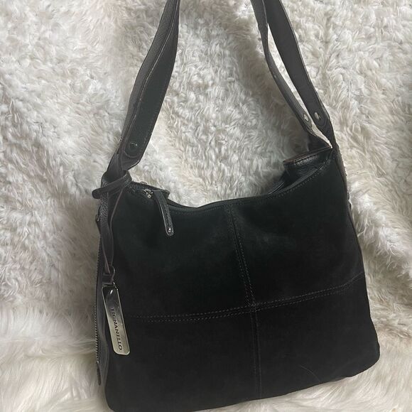 Tignanello leather suede black shoulder bag extended brown suede side zipper. - Picture 2 of 14